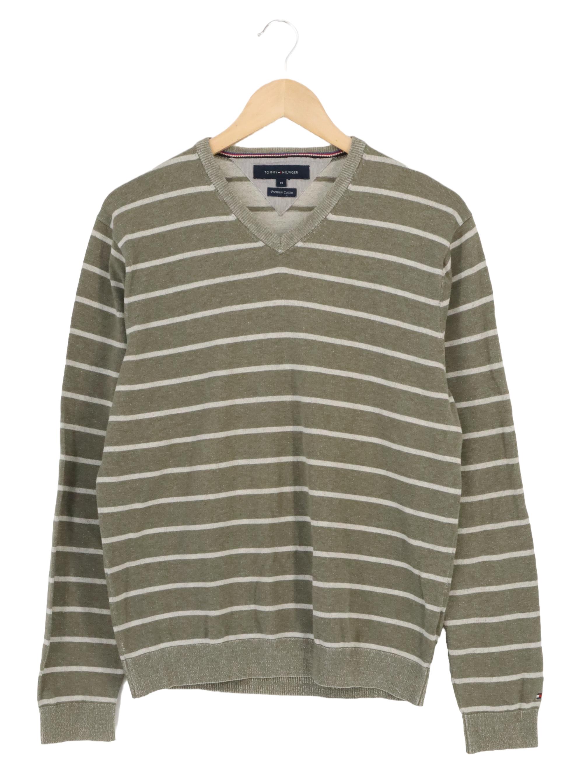 TOMMY HILFIGER Pull Homme Vert soldes Rayé Col V Casual (INT M)